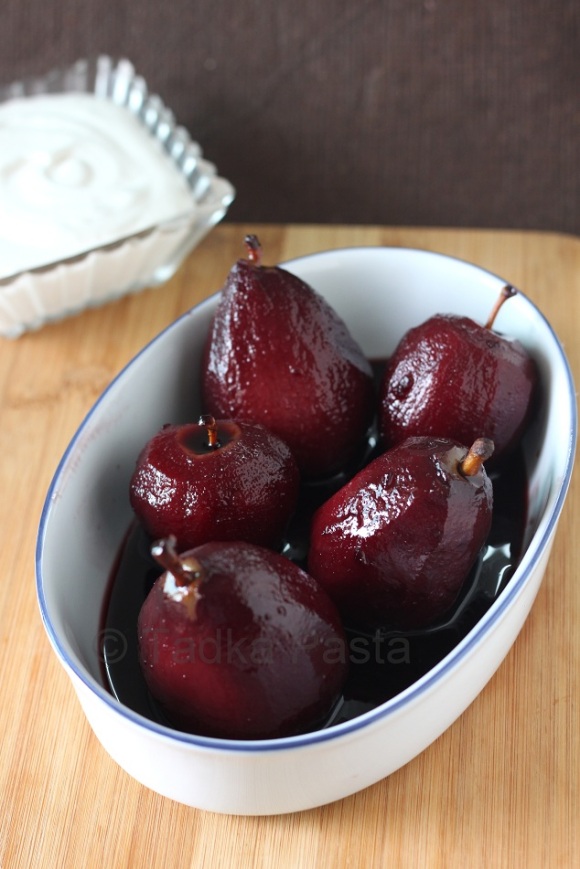 Red wine poached fruit pears apples